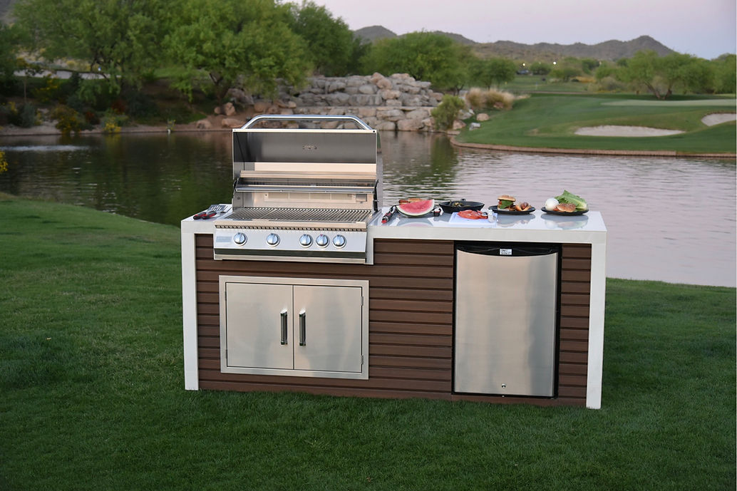 Classic Shiplap Outdoor Kitchen KoKoMo Grill with Waterfall Edge