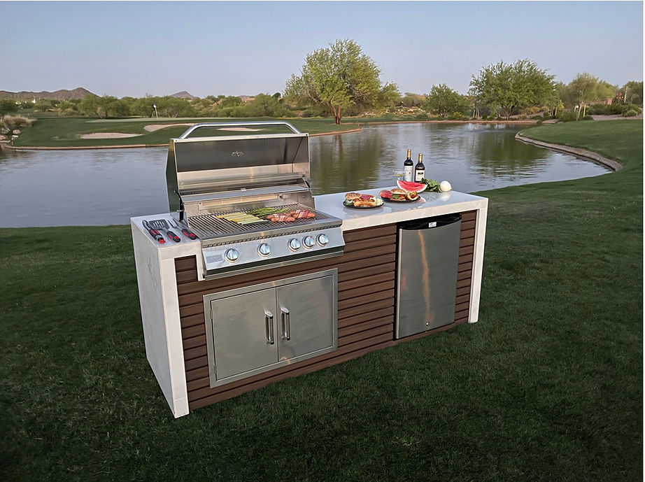 Classic Shiplap Outdoor Kitchen KoKoMo Grill with Waterfall Edge