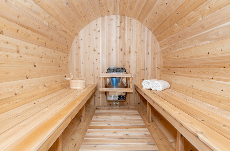 Canadian Timber Tranquility Barrel Sauna with 45cm Porch: Handcrafted Eastern White Cedar, Seats 6-8, Ideal for Larger Families and Gatherings.