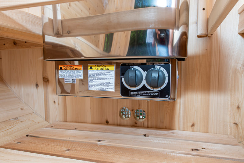 Canadian Timber Tranquility Barrel Sauna with 45cm Porch: Handcrafted Eastern White Cedar, Seats 6-8, Ideal for Larger Families and Gatherings.