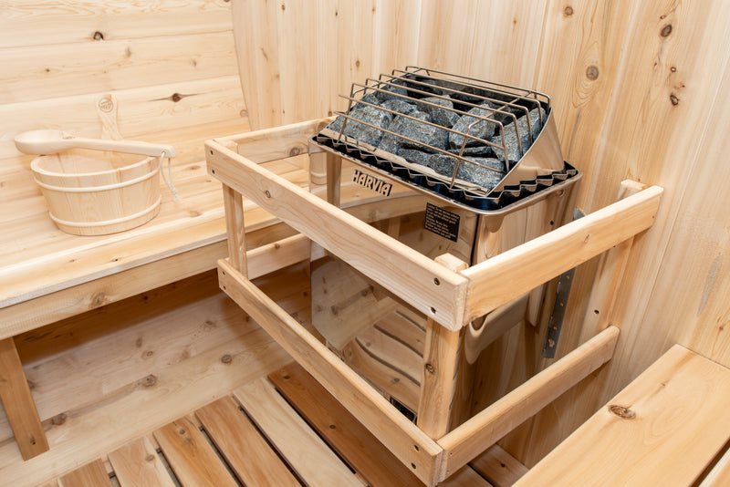Canadian Timber Tranquility Barrel Sauna with 45cm Porch: Handcrafted Eastern White Cedar, Seats 6-8, Ideal for Larger Families and Gatherings.