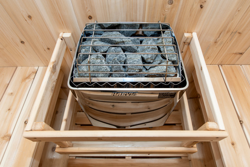 Canadian Timber Tranquility Barrel Sauna with 45cm Porch: Handcrafted Eastern White Cedar, Seats 6-8, Ideal for Larger Families and Gatherings.