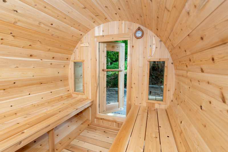 Canadian Timber Tranquility Barrel Sauna with 45cm Porch: Handcrafted Eastern White Cedar, Seats 6-8, Ideal for Larger Families and Gatherings.