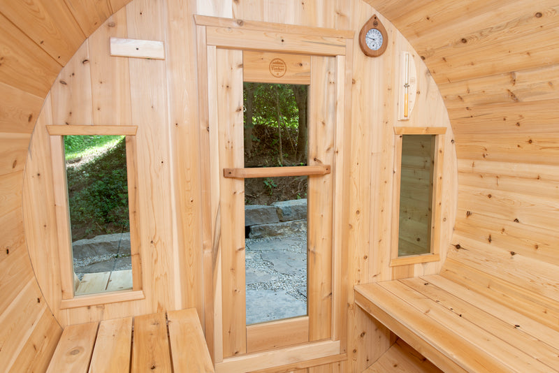 Canadian Timber Tranquility Barrel Sauna with 45cm Porch: Handcrafted Eastern White Cedar, Seats 6-8, Ideal for Larger Families and Gatherings.