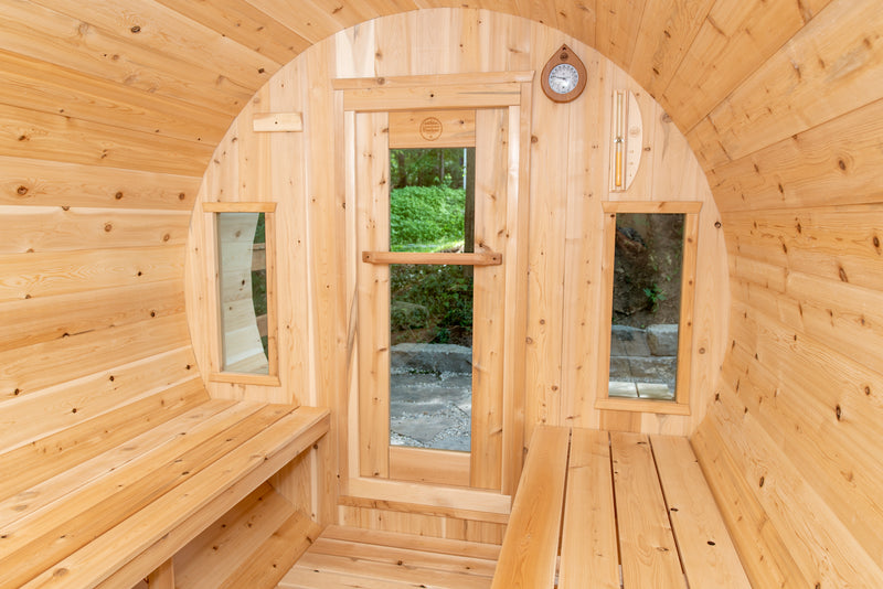 Canadian Timber Tranquility Barrel Sauna with 45cm Porch: Handcrafted Eastern White Cedar, Seats 6-8, Ideal for Larger Families and Gatherings.