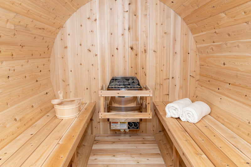 Canadian Timber Tranquility Barrel Sauna with 45cm Porch: Handcrafted Eastern White Cedar, Seats 6-8, Ideal for Larger Families and Gatherings.