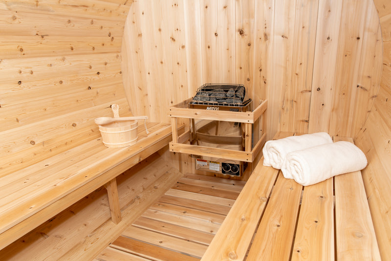 Canadian Timber Tranquility Barrel Sauna with 45cm Porch: Handcrafted Eastern White Cedar, Seats 6-8, Ideal for Larger Families and Gatherings.
