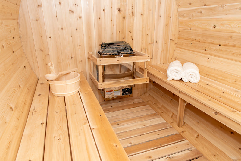 Canadian Timber Tranquility Barrel Sauna with 45cm Porch: Handcrafted Eastern White Cedar, Seats 6-8, Ideal for Larger Families and Gatherings.