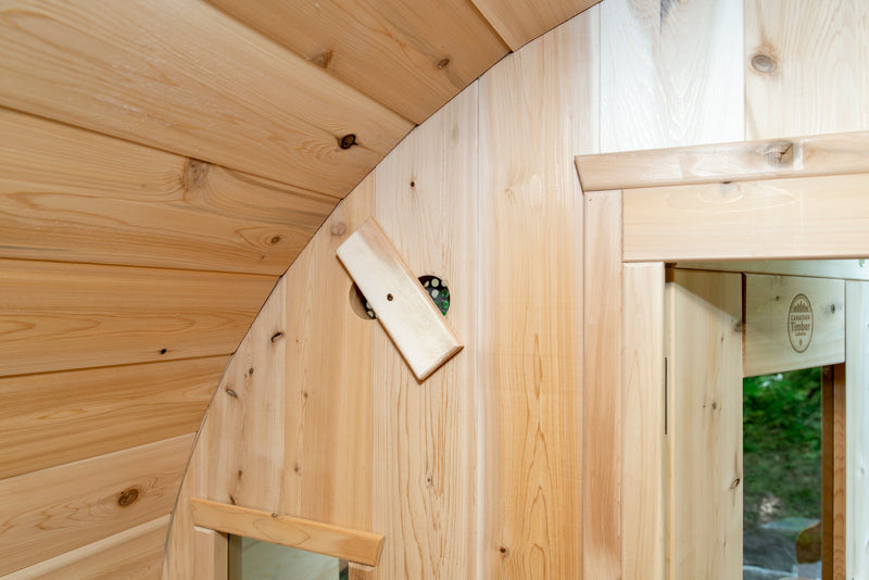 Canadian Timber Tranquility Barrel Sauna with 45cm Porch: Handcrafted Eastern White Cedar, Seats 6-8, Ideal for Larger Families and Gatherings.