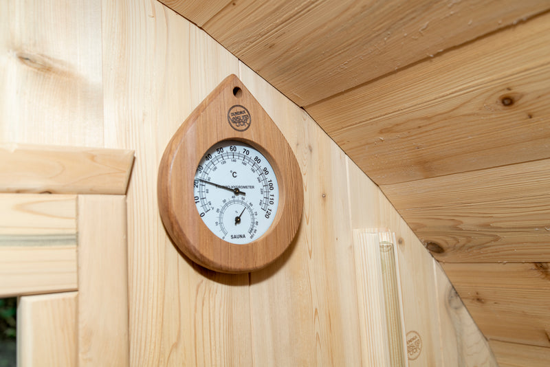 Canadian Timber Tranquility Barrel Sauna with 45cm Porch: Handcrafted Eastern White Cedar, Seats 6-8, Ideal for Larger Families and Gatherings.