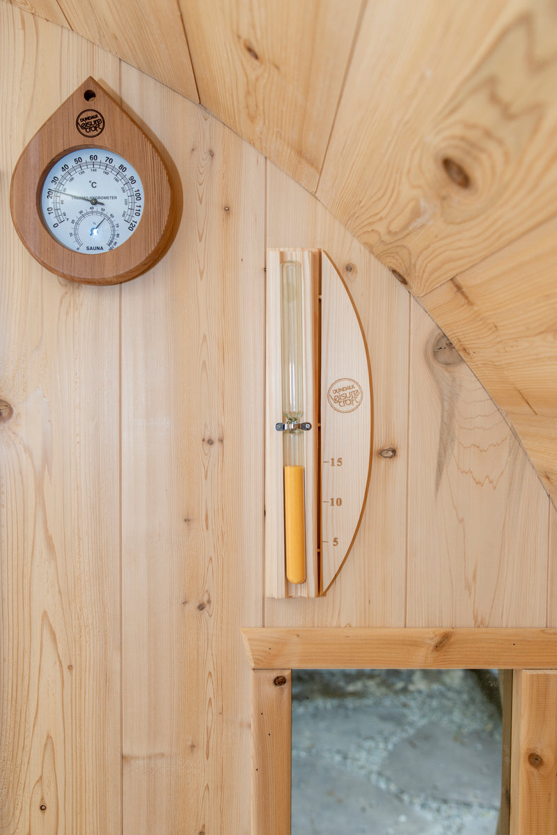 Canadian Timber Tranquility Barrel Sauna with 45cm Porch: Handcrafted Eastern White Cedar, Seats 6-8, Ideal for Larger Families and Gatherings.