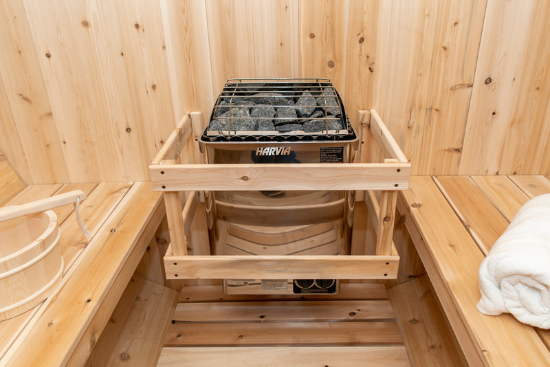 Canadian Timber Tranquility Barrel Sauna with 45cm Porch: Handcrafted Eastern White Cedar, Seats 6-8, Ideal for Larger Families and Gatherings.