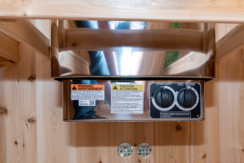 Canadian Timber Tranquility Barrel Sauna with 45cm Porch: Handcrafted Eastern White Cedar, Seats 6-8, Ideal for Larger Families and Gatherings.