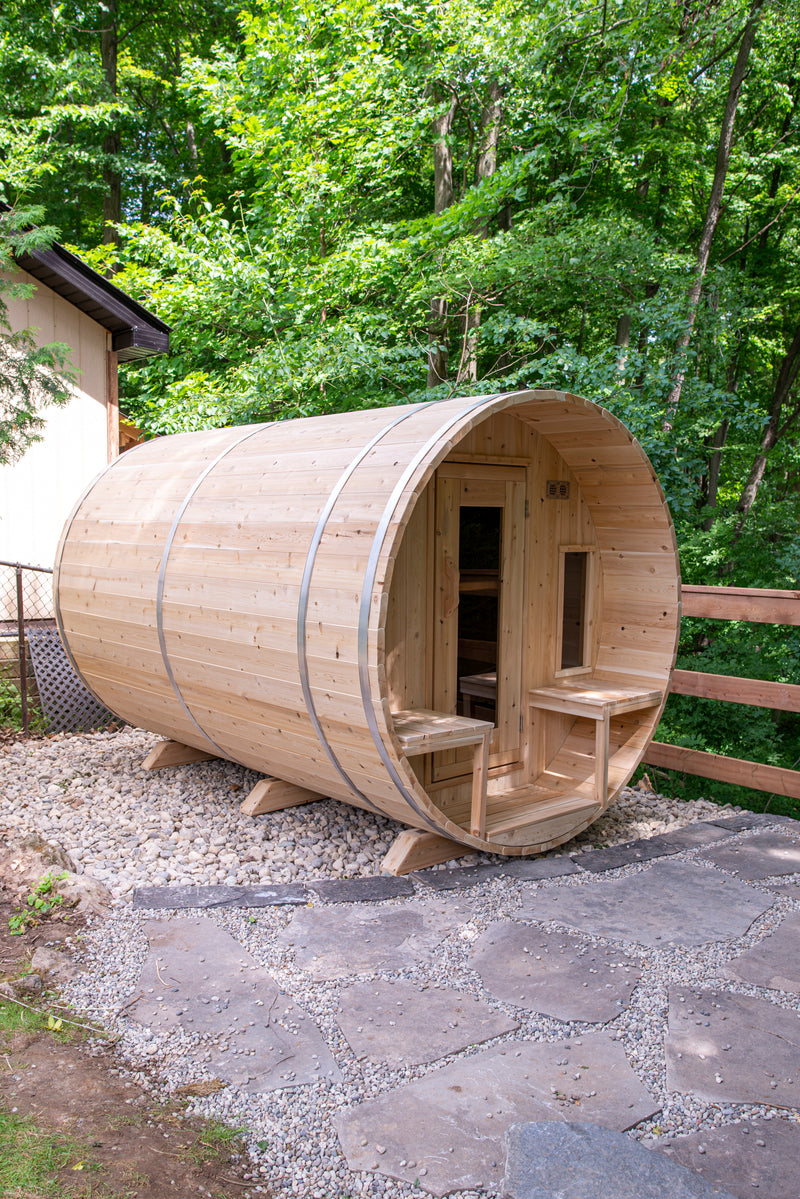 Canadian Timber Tranquility Barrel Sauna with 45cm Porch: Handcrafted Eastern White Cedar, Seats 6-8, Ideal for Larger Families and Gatherings.