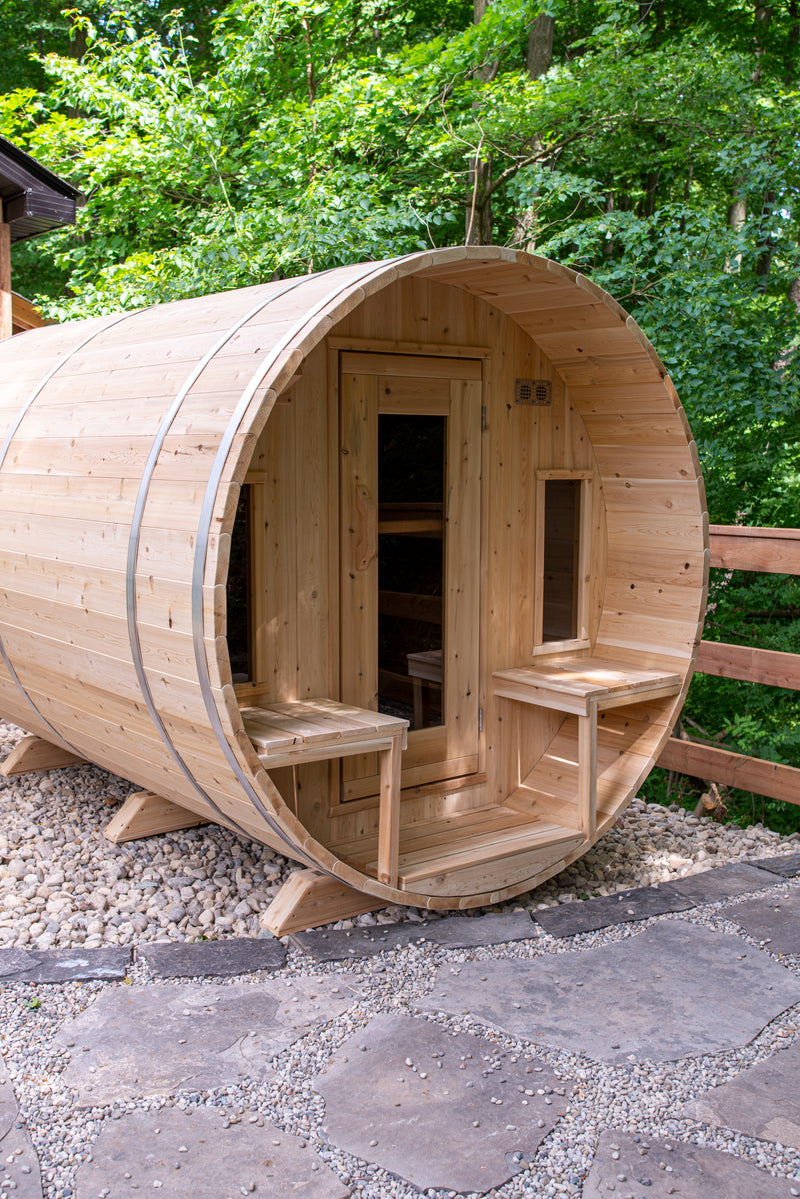 Canadian Timber Tranquility Barrel Sauna with 45cm Porch: Handcrafted Eastern White Cedar, Seats 6-8, Ideal for Larger Families and Gatherings.