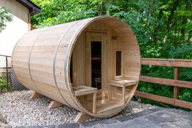 Canadian Timber Tranquility Barrel Sauna with 45cm Porch: Handcrafted Eastern White Cedar, Seats 6-8, Ideal for Larger Families and Gatherings.