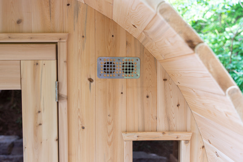 Canadian Timber Tranquility Barrel Sauna with 45cm Porch: Handcrafted Eastern White Cedar, Seats 6-8, Ideal for Larger Families and Gatherings.