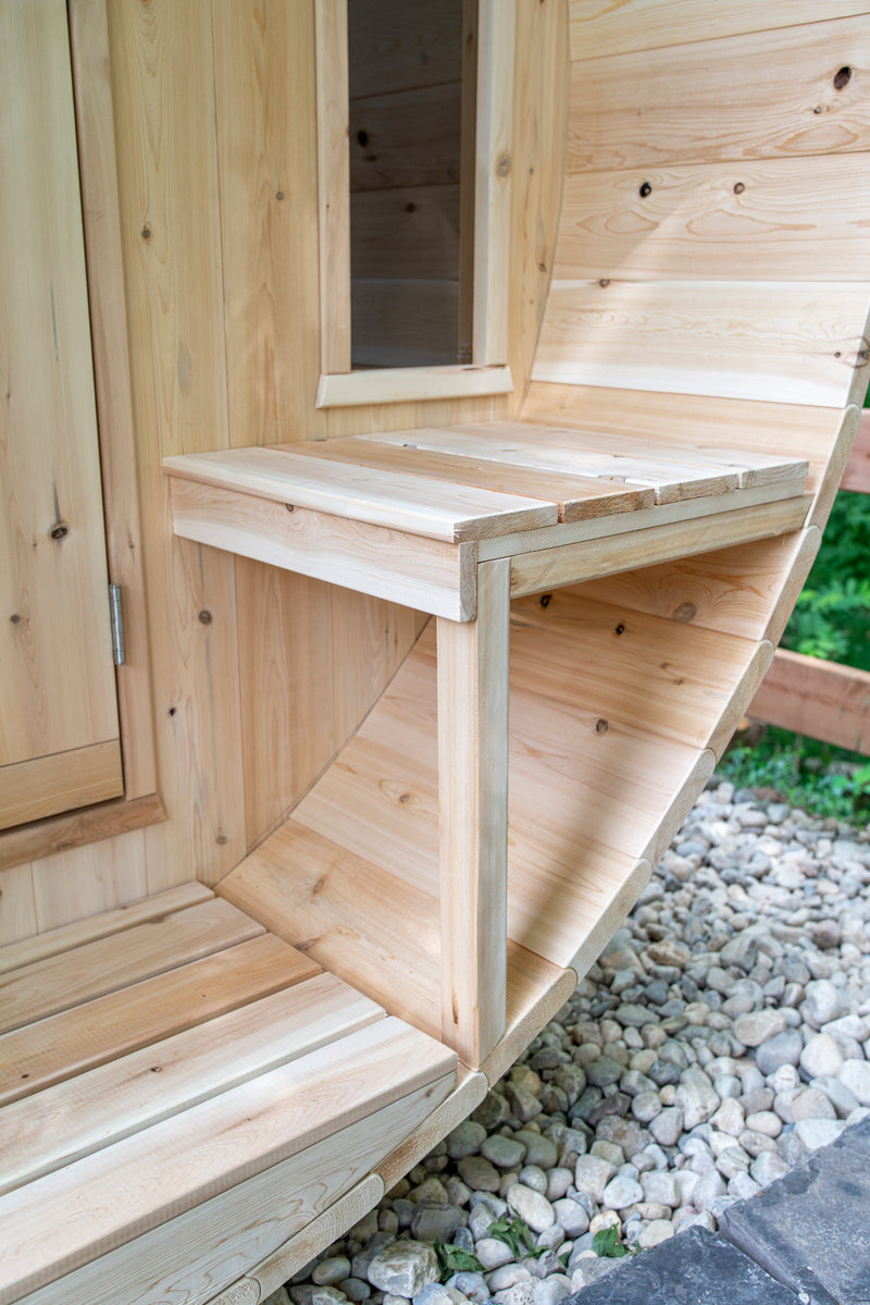 Canadian Timber Tranquility Barrel Sauna with 45cm Porch: Handcrafted Eastern White Cedar, Seats 6-8, Ideal for Larger Families and Gatherings.