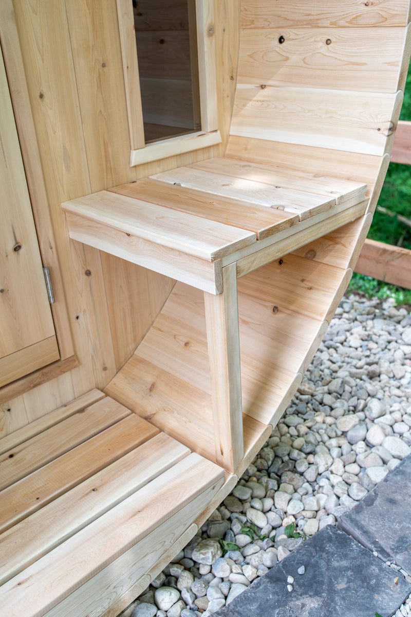 Canadian Timber Tranquility Barrel Sauna with 45cm Porch: Handcrafted Eastern White Cedar, Seats 6-8, Ideal for Larger Families and Gatherings.