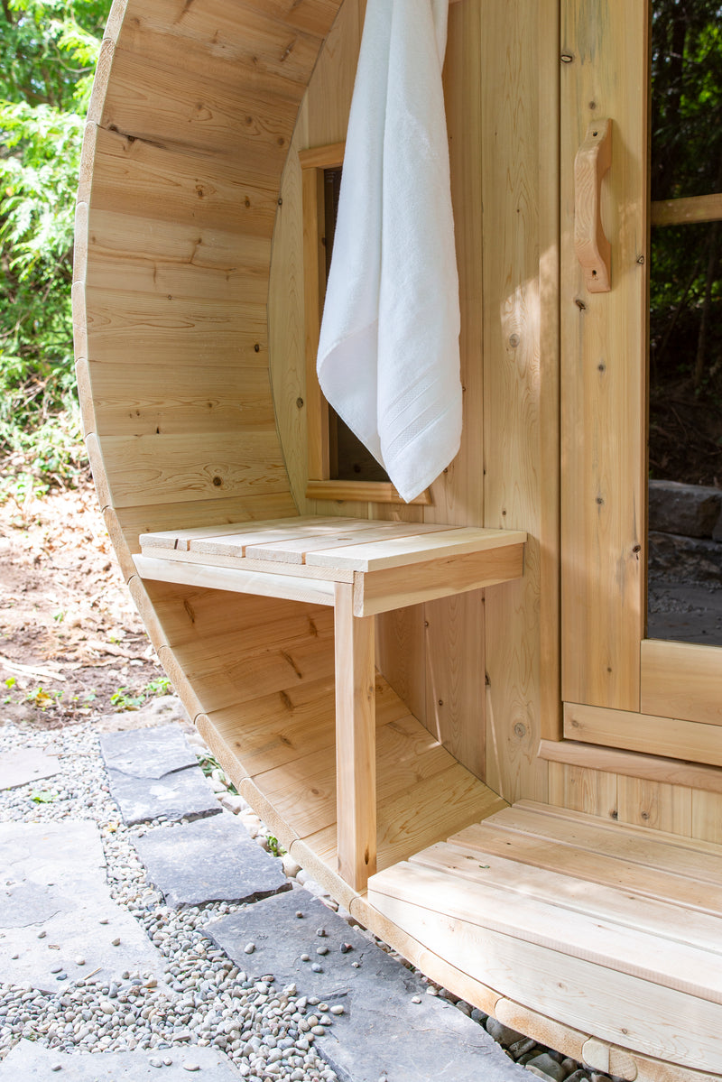 Canadian Timber Tranquility Barrel Sauna with 45cm Porch: Handcrafted Eastern White Cedar, Seats 6-8, Ideal for Larger Families and Gatherings.