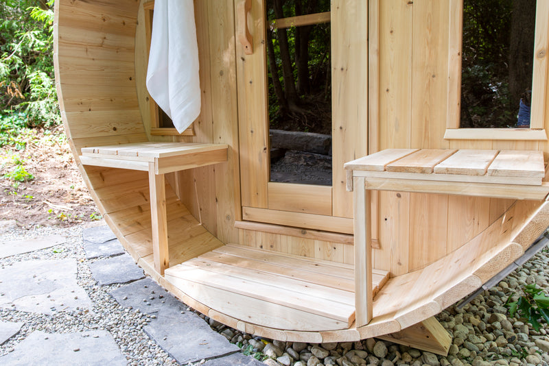 Canadian Timber Tranquility Barrel Sauna with 45cm Porch: Handcrafted Eastern White Cedar, Seats 6-8, Ideal for Larger Families and Gatherings.