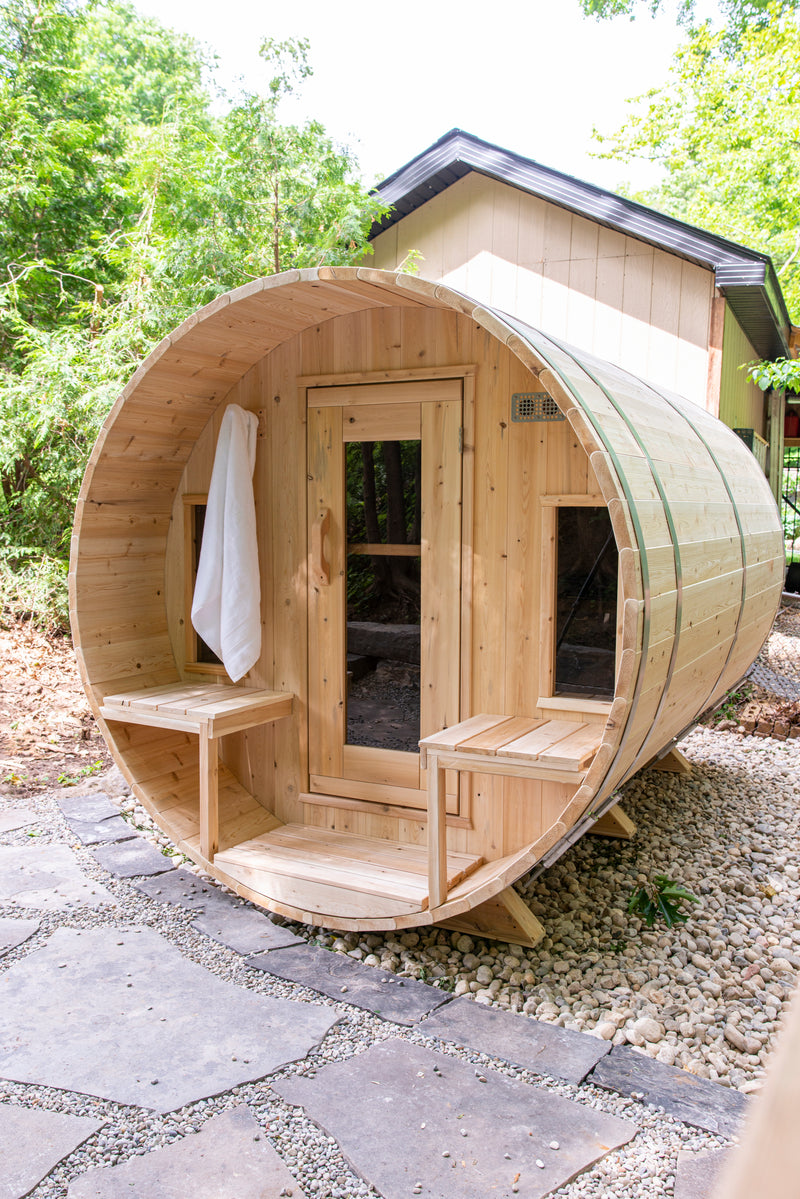Canadian Timber Tranquility Barrel Sauna with 45cm Porch: Handcrafted Eastern White Cedar, Seats 6-8, Ideal for Larger Families and Gatherings.
