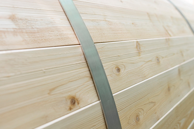 Canadian Timber Tranquility Barrel Sauna with 45cm Porch: Handcrafted Eastern White Cedar, Seats 6-8, Ideal for Larger Families and Gatherings.