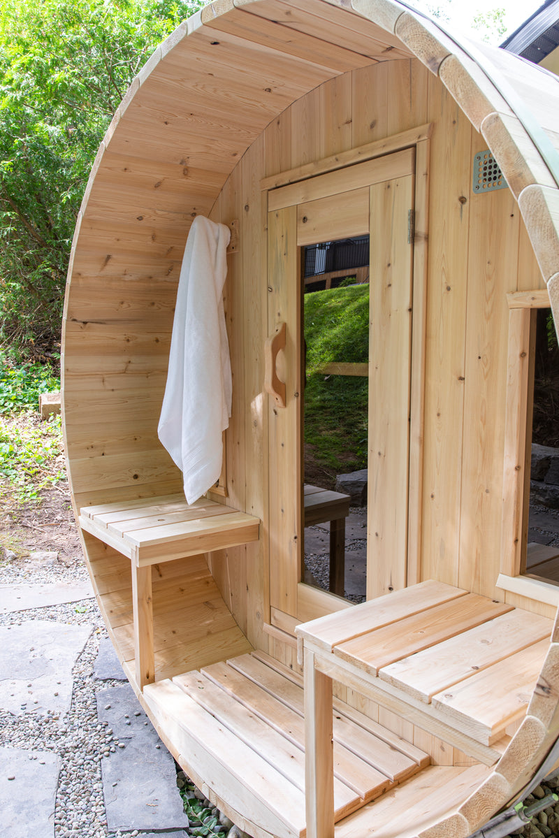 Canadian Timber Tranquility Barrel Sauna with 45cm Porch: Handcrafted Eastern White Cedar, Seats 6-8, Ideal for Larger Families and Gatherings.