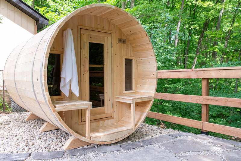 Canadian Timber Tranquility Barrel Sauna with 45cm Porch: Handcrafted Eastern White Cedar, Seats 6-8, Ideal for Larger Families and Gatherings.