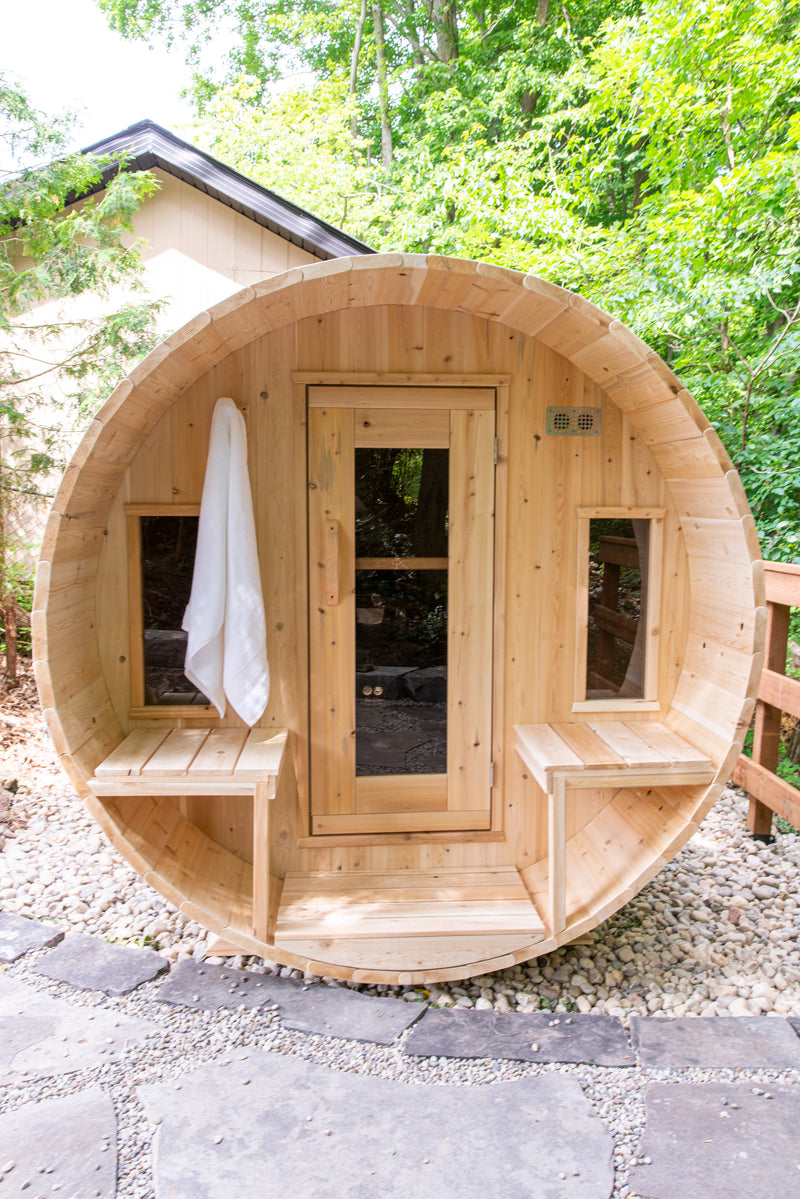 Canadian Timber Tranquility Barrel Sauna with 45cm Porch: Handcrafted Eastern White Cedar, Seats 6-8, Ideal for Larger Families and Gatherings.