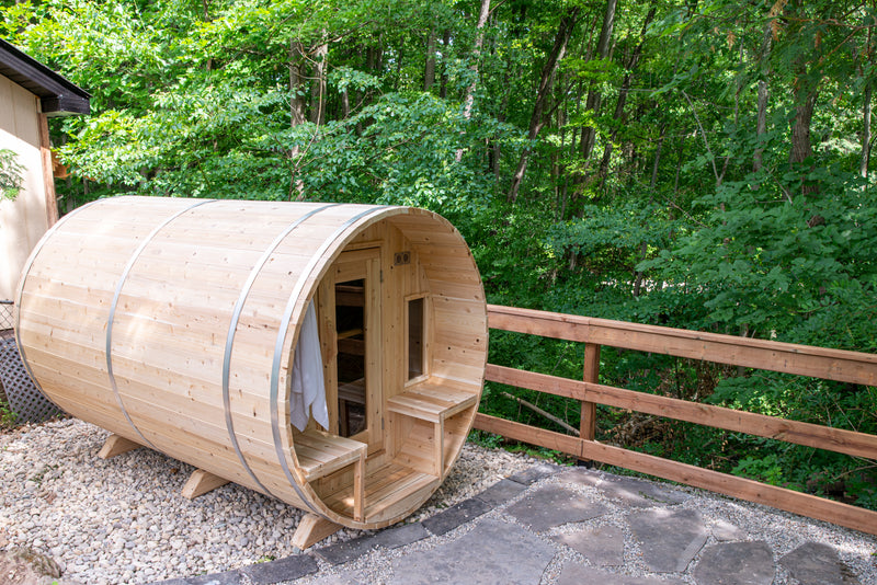 Canadian Timber Tranquility Barrel Sauna with 45cm Porch: Handcrafted Eastern White Cedar, Seats 6-8, Ideal for Larger Families and Gatherings.