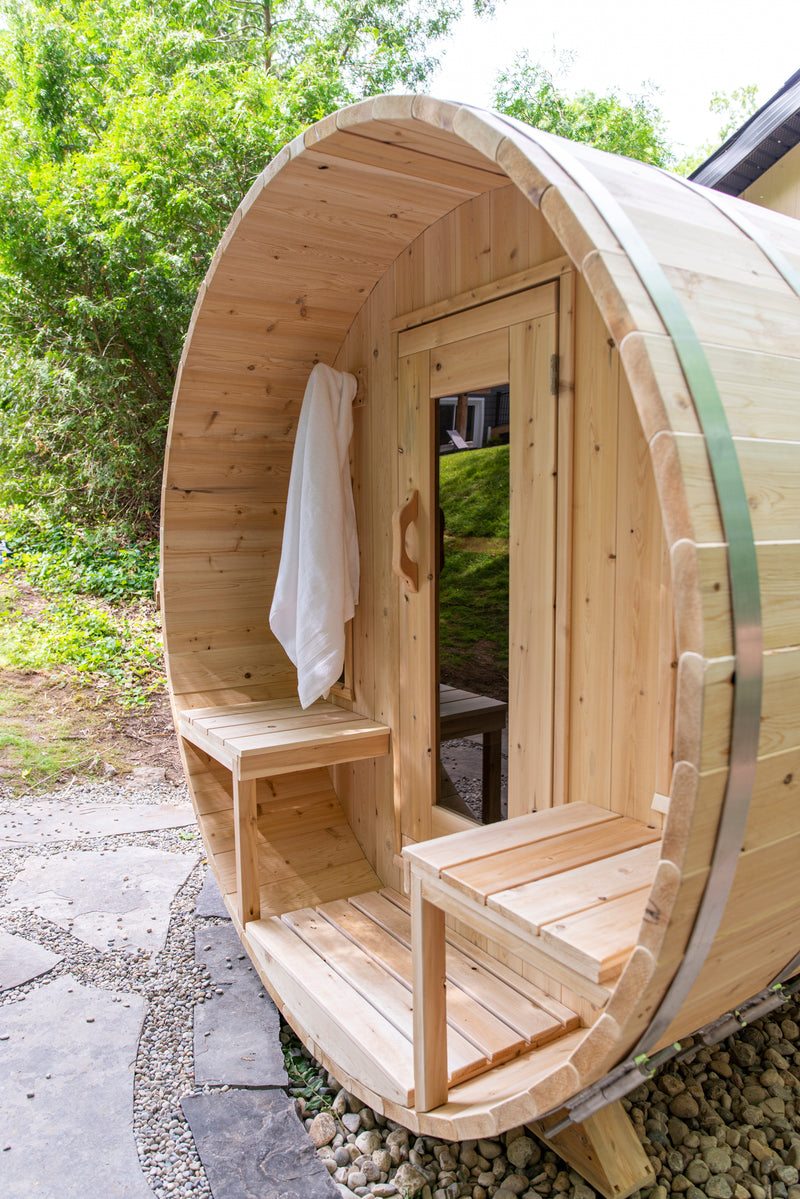 Canadian Timber Tranquility Barrel Sauna with 45cm Porch: Handcrafted Eastern White Cedar, Seats 6-8, Ideal for Larger Families and Gatherings.