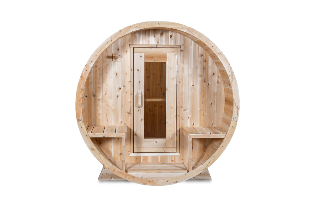 CT Serenity Barrel Sauna: Canadian Timber Collection, Handcrafted Eastern White Cedar, 5mm Bronze Tempered Glass Door with Wooden Frame, Easy Installation.