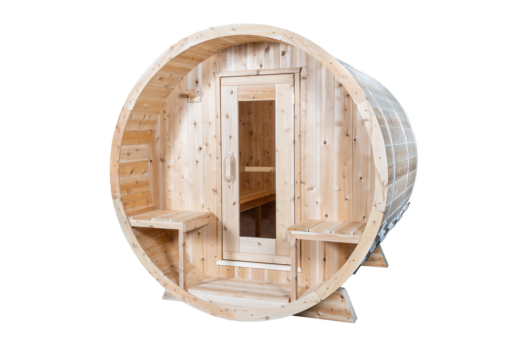 CT Serenity Barrel Sauna: Canadian Timber Collection, Handcrafted Eastern White Cedar, 5mm Bronze Tempered Glass Door with Wooden Frame, Easy Installation.