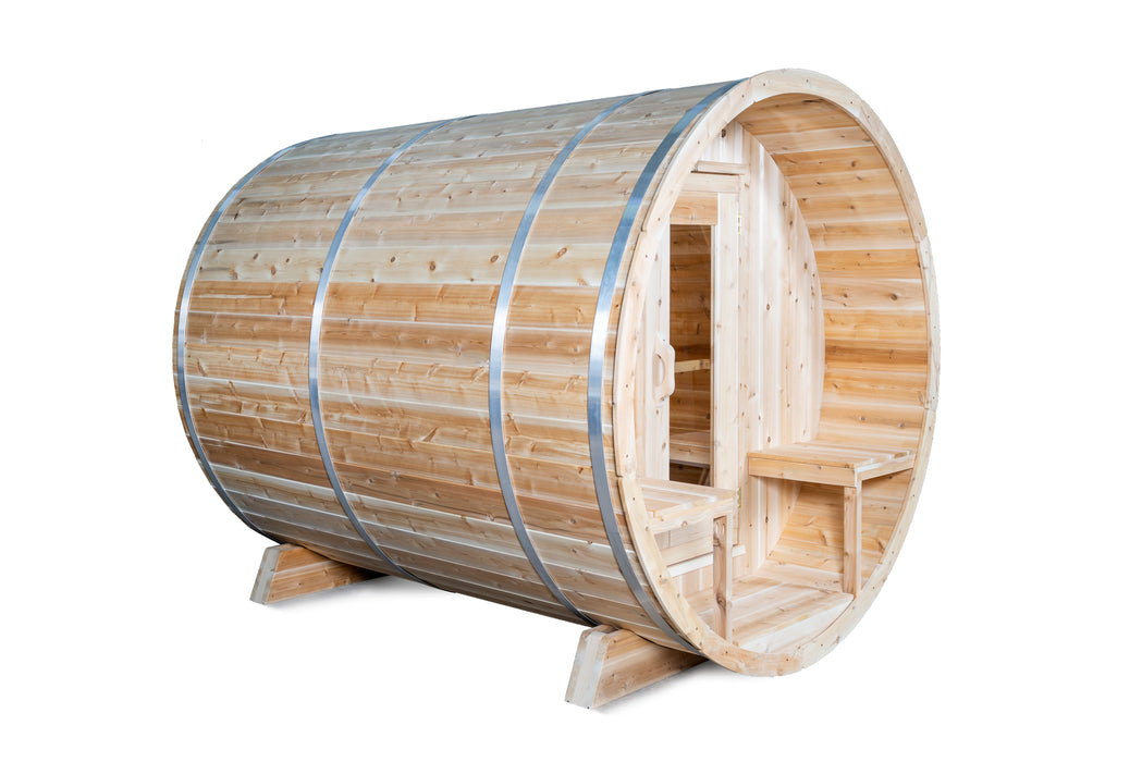 CT Serenity Barrel Sauna: Canadian Timber Collection, Handcrafted Eastern White Cedar, 5mm Bronze Tempered Glass Door with Wooden Frame, Easy Installation.