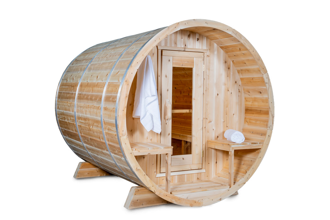 CT Serenity Barrel Sauna: Canadian Timber Collection, Handcrafted Eastern White Cedar, 5mm Bronze Tempered Glass Door with Wooden Frame, Easy Installation.