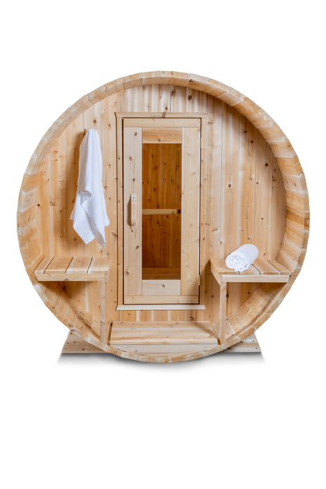 CT Serenity Barrel Sauna: Canadian Timber Collection, Handcrafted Eastern White Cedar, 5mm Bronze Tempered Glass Door with Wooden Frame, Easy Installation.