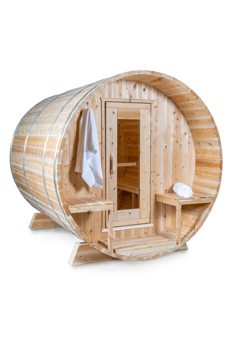 CT Serenity Barrel Sauna: Canadian Timber Collection, Handcrafted Eastern White Cedar, 5mm Bronze Tempered Glass Door with Wooden Frame, Easy Installation.