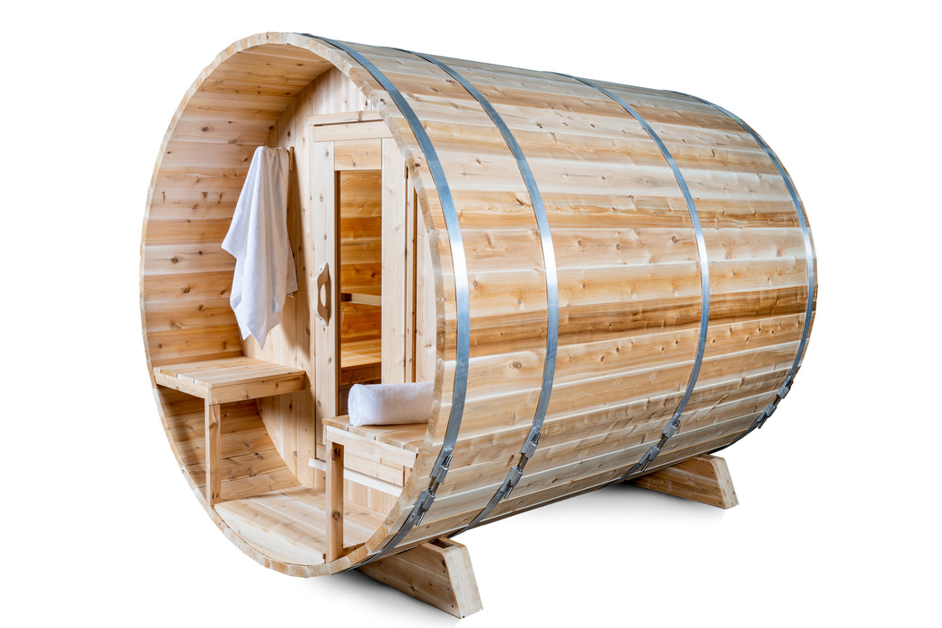 CT Serenity Barrel Sauna: Canadian Timber Collection, Handcrafted Eastern White Cedar, 5mm Bronze Tempered Glass Door with Wooden Frame, Easy Installation.