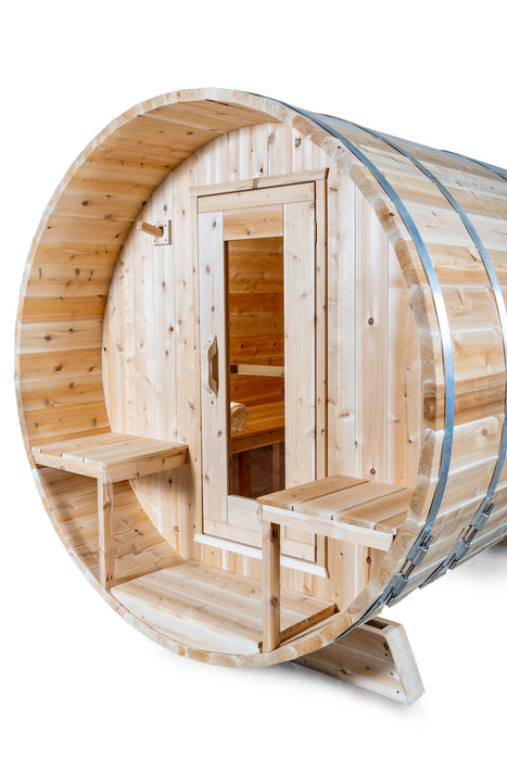 CT Serenity Barrel Sauna: Canadian Timber Collection, Handcrafted Eastern White Cedar, 5mm Bronze Tempered Glass Door with Wooden Frame, Easy Installation.