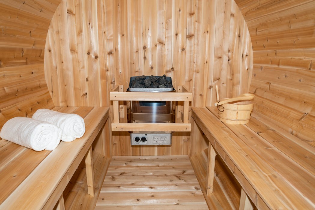 CT Serenity Barrel Sauna: Canadian Timber Collection, Handcrafted Eastern White Cedar, 5mm Bronze Tempered Glass Door with Wooden Frame, Easy Installation.