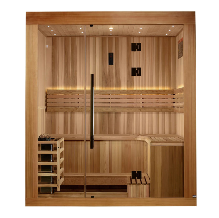 Golden Designs 2025 Updated "Copenhagen Edition" 3-Person Traditional Sauna - Canadian Red Cedar Interior and Pacific Premium Clear Cedar Exterior