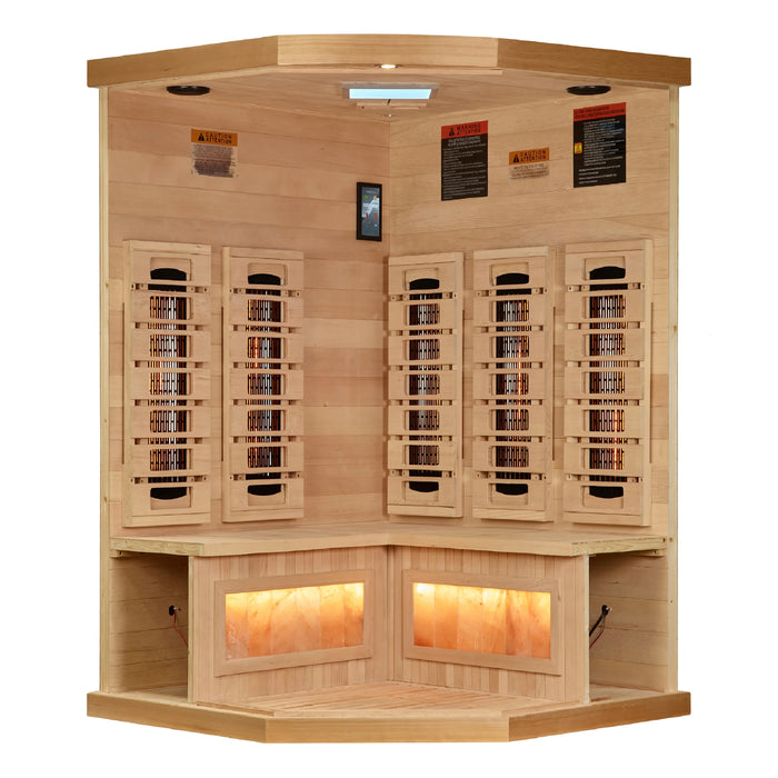 Golden Designs 3-Person Corner Full Spectrum PureTech™ Near Zero EMF FAR Infrared Sauna with Himalayan Salt Bar