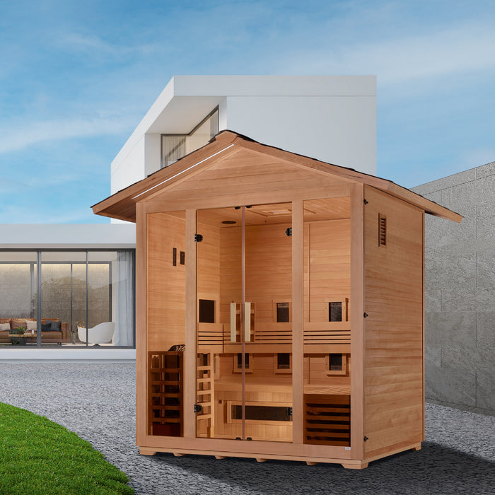 Golden Designs "5-Person Hybrid Outdoor Sauna - Gargellen: Where Tradition Meets Innovation in a Tranquil Haven"