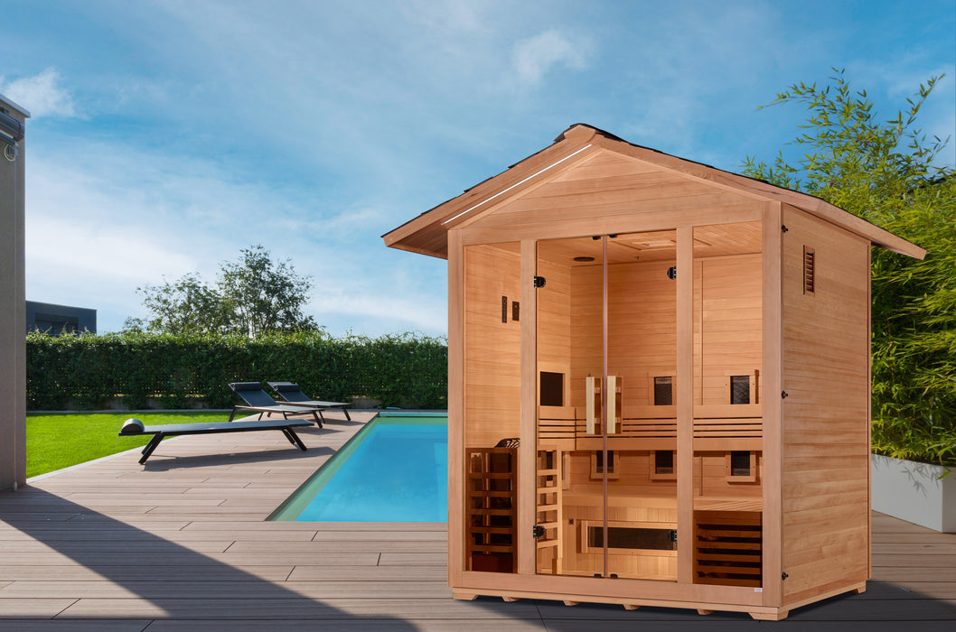 Golden Designs "5-Person Hybrid Outdoor Sauna - Gargellen: Where Tradition Meets Innovation in a Tranquil Haven"