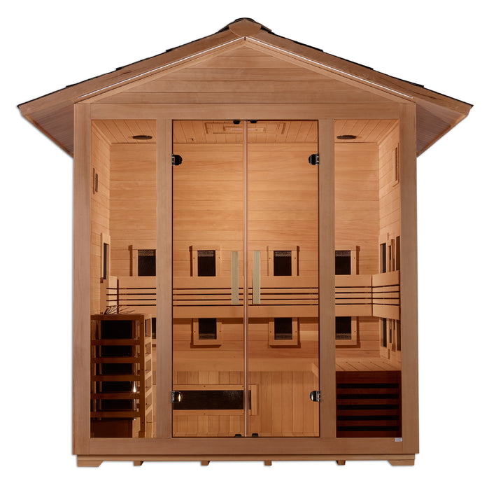 Golden Designs "5-Person Hybrid Outdoor Sauna - Gargellen: Where Tradition Meets Innovation in a Tranquil Haven"