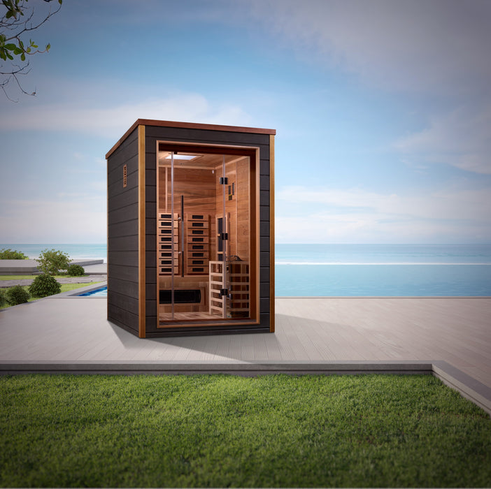 Golden Designs "2-Person Hybrid Outdoor Sauna - Nora: PureTech™ Infrared or Traditional Stove with Canadian Red Cedar Interior"