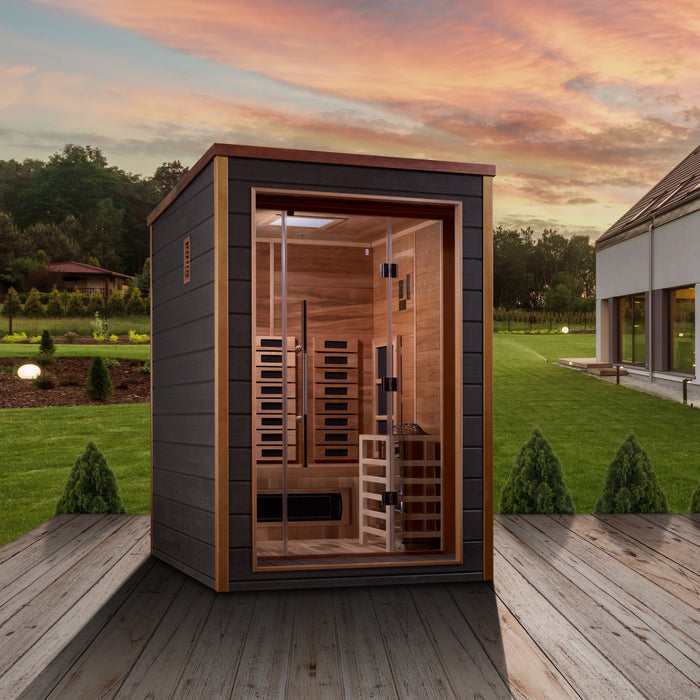 Golden Designs "2-Person Hybrid Outdoor Sauna - Nora: PureTech™ Infrared or Traditional Stove with Canadian Red Cedar Interior"