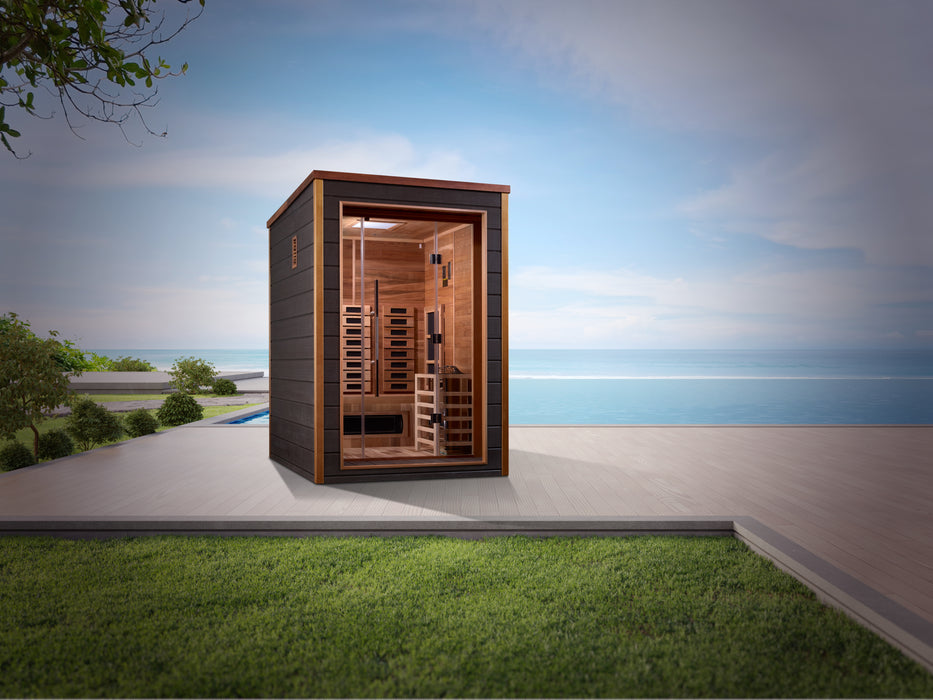 Golden Designs "2-Person Hybrid Outdoor Sauna - Nora: PureTech™ Infrared or Traditional Stove with Canadian Red Cedar Interior"