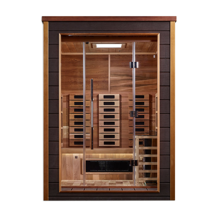 Golden Designs "2-Person Hybrid Outdoor Sauna - Nora: PureTech™ Infrared or Traditional Stove with Canadian Red Cedar Interior"